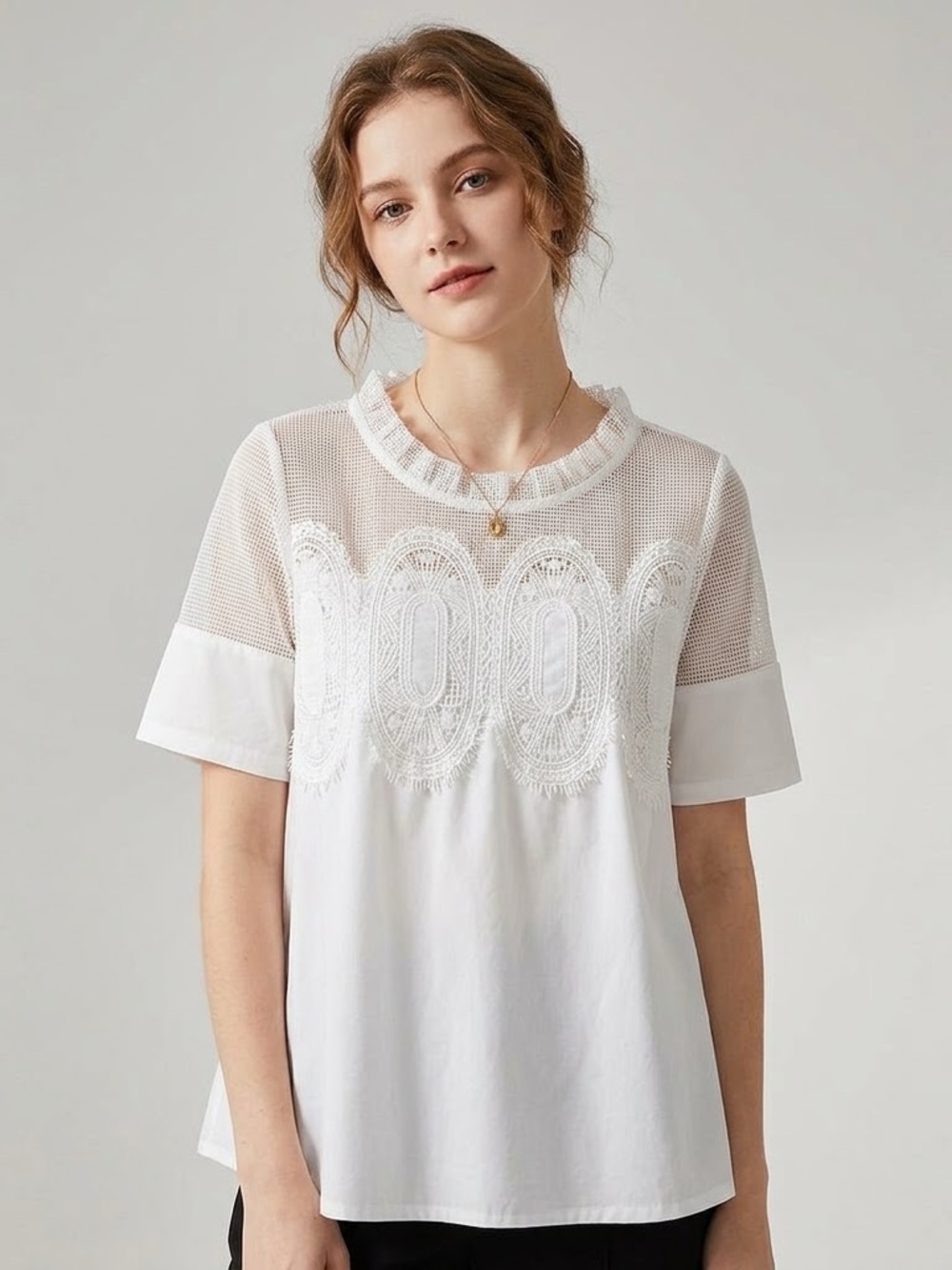 NWT Cicy Bell White Mesh Lace Embroidered Short Sleeve Blouse Top Sz M